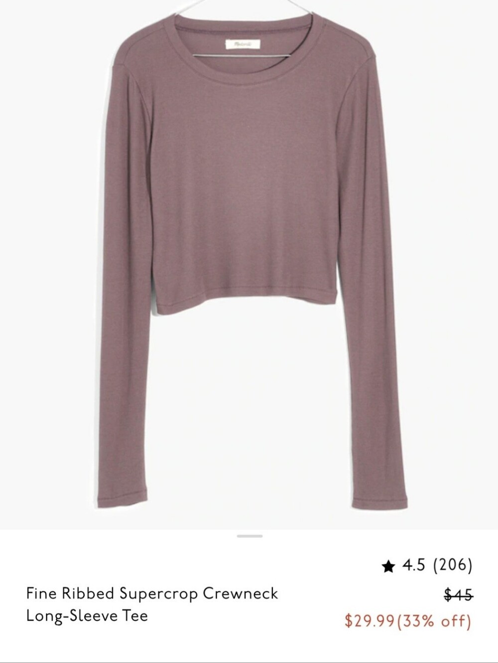 Madewell Fine Ribbed Supercrop Crewneck Long-Sleeve Tee. Color is Pale Thistle.